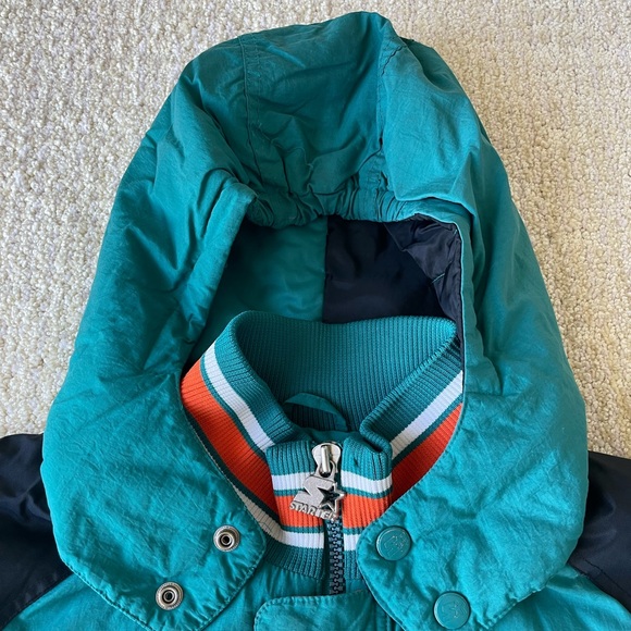 VTG Starter Jacket NFL MIAMI DOLPHINS Puffer Coat w Hood Mens Large Pullover - Picture 9 of 16